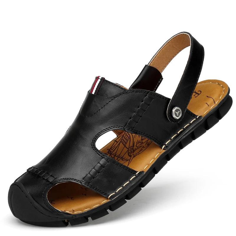 Herren Sandalen Sommer Leder Herrenschuhe Atmungsaktiv Walking Strand Hausschuhe Outdoor Sandalen Flach Lässig Hochwertige Mode Sandalen 44 schwarz von Joom DACH