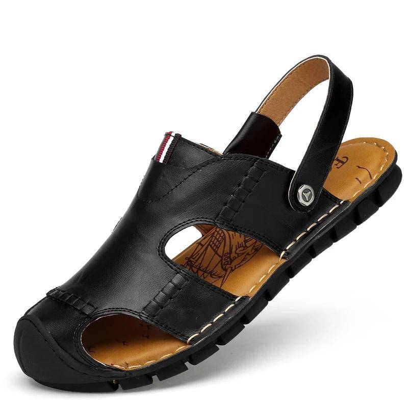 Herren Sandalen Sommer Leder Herrenschuhe Atmungsaktiv Walking Strand Hausschuhe Outdoor Sandalen Flach Lässig Hochwertige Mode Sandalen 44 schwarz von Joom DACH