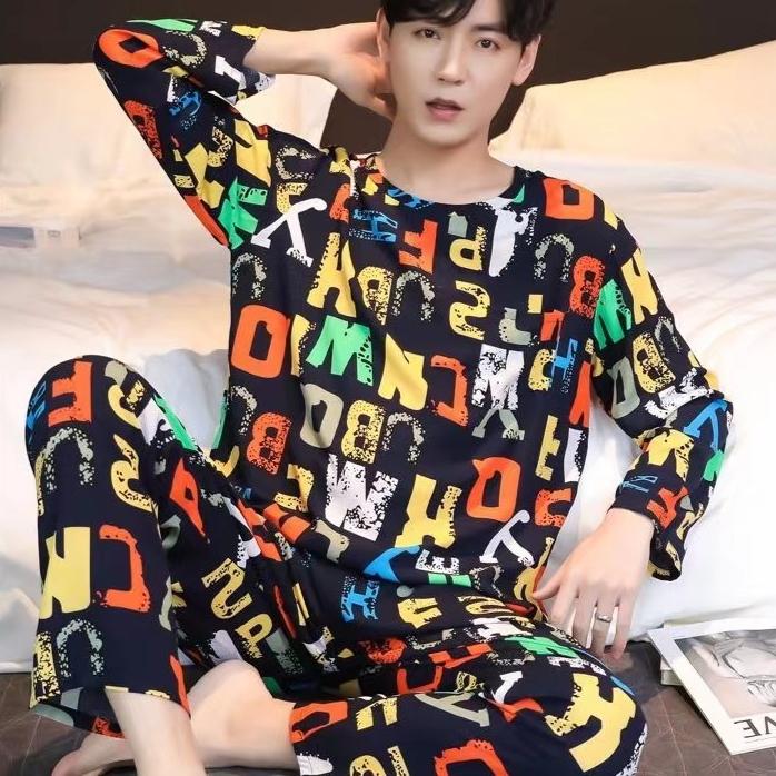 Herren Schlafanzug Langarm Lange Hose Herbst und Winter Große Größe Homewear Zweiteiliges Set Nachtwäsche Loungewear Jugend Nachtwäsche 2XL bunt von Joom DACH