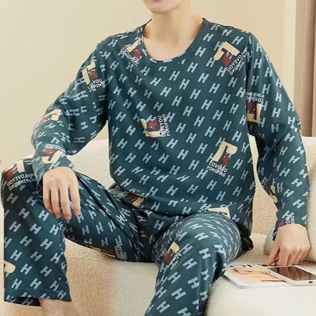 Herren Schlafanzug Langarm Lange Hose Herbst und Winter Große Größe Homewear Zweiteiliges Set Nachtwäsche Loungewear Jugend Nachtwäsche XL dunkelgrüne von Joom DACH