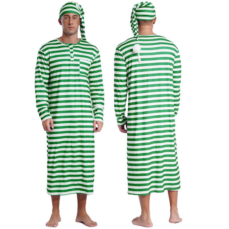 Herren-Schlafanzug-Set, gestreift, locker, mit Bommelmütze, Weihnachtsnachtwäsche, langärmelig, Sissy-Pyjama L grün von Joom DACH