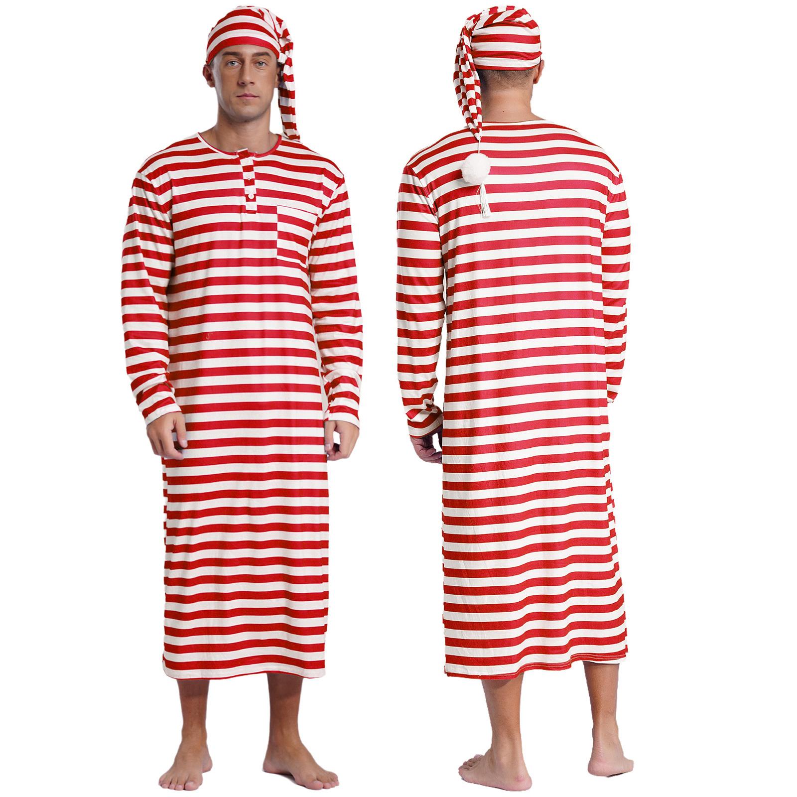 Herren-Schlafanzug-Set, gestreift, locker, mit Bommelmütze, Weihnachtsnachtwäsche, langärmelig, Sissy-Pyjama M von Joom DACH