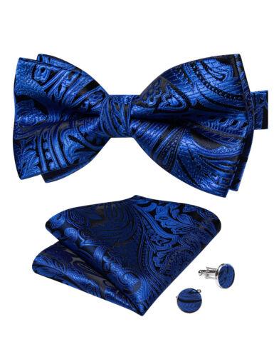 Herren-Seidenfliege, blau, verstellbar, selbstfliege, Paisley-Blumenmuster, Einstecktuch-Manschettenknöpfe-Set LH-0171 von Joom DACH