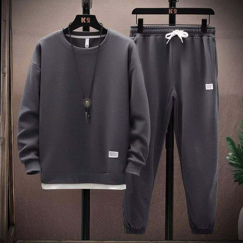 Herren-Set aus Waffel-Sweatshirt und Jogginghose für Frühling/Herbst – große Größe, Jugend-Sportbekleidung M von Joom DACH