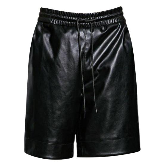 Herren Shorts Sommer Shorts Elastischer Kordelzug Taille Kunstleder Shorts Taschen Einfarbig Weite Bein Shorts Streetwear XXL schwarz von Joom DACH