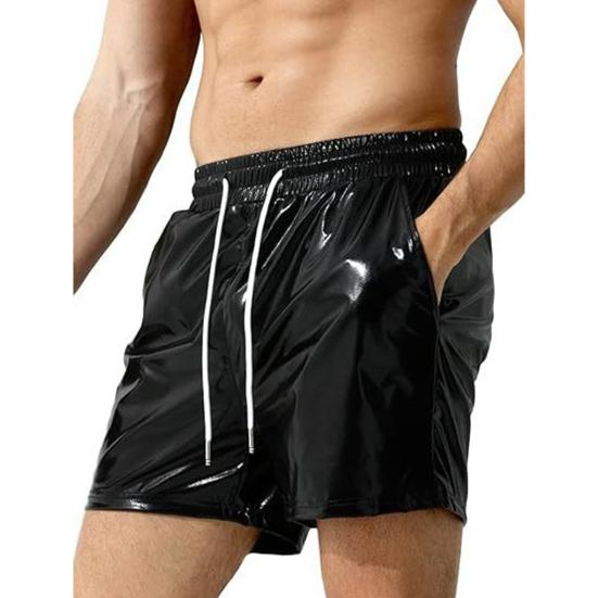 Herren Shorts mit glänzender Oberfläche, elastische Taille, verstellbarer Kordelzug, breite Beinshorts, Strand, lässige kurze Hosen, Streetwear M schwarz von Joom DACH
