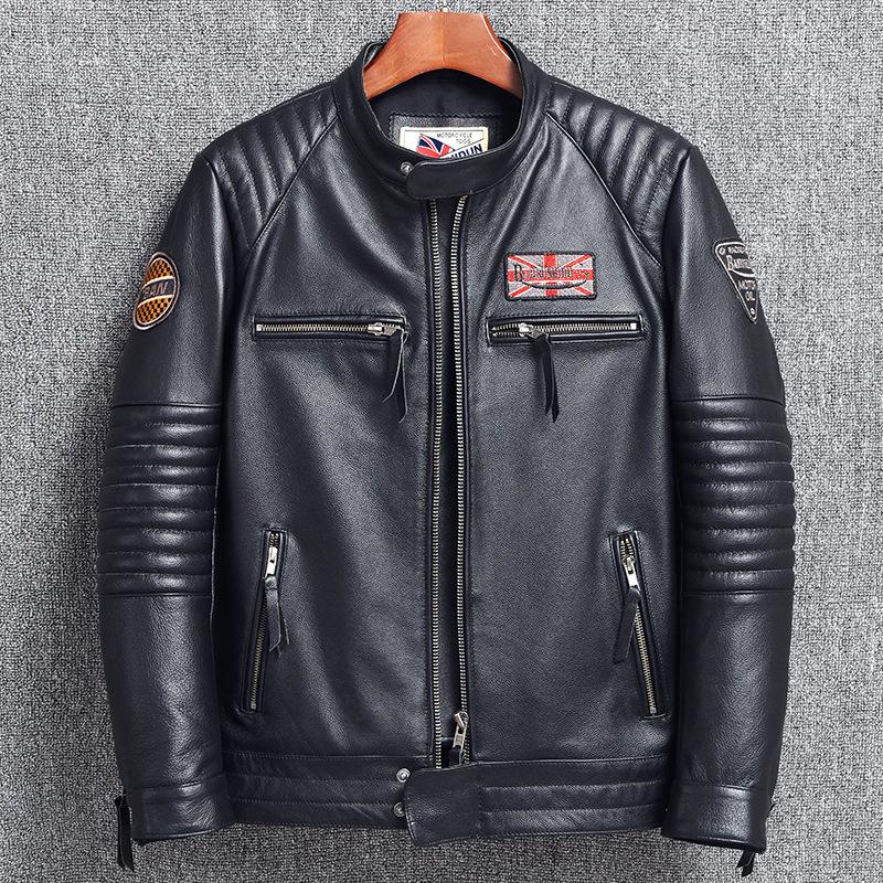 Herren Slim Bikerjacke aus echtem Leder aus reinem Rindsleder in der obersten Schicht mit Stehkragen 5XL von Joom DACH