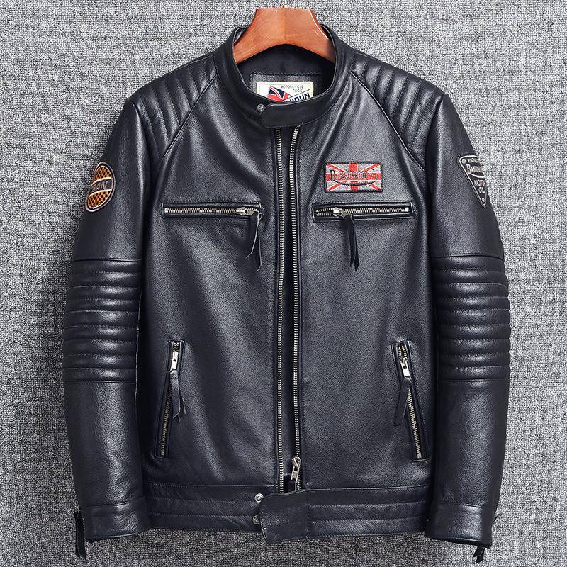 Herren Slim Bikerjacke aus echtem Leder aus reinem Rindsleder in der obersten Schicht mit Stehkragen 5XL von Joom DACH