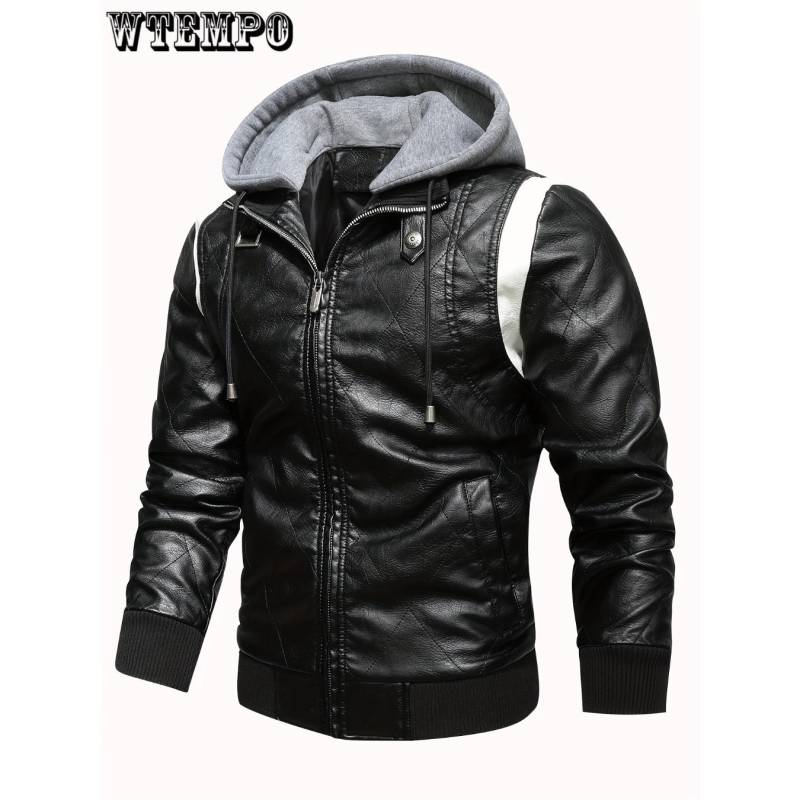 Herren Slim Fit Winter Casual Spleiß PU Lederjacke Reißverschluss Langarm Kapuzenjacke Mantel XXXL schwarz von Joom DACH