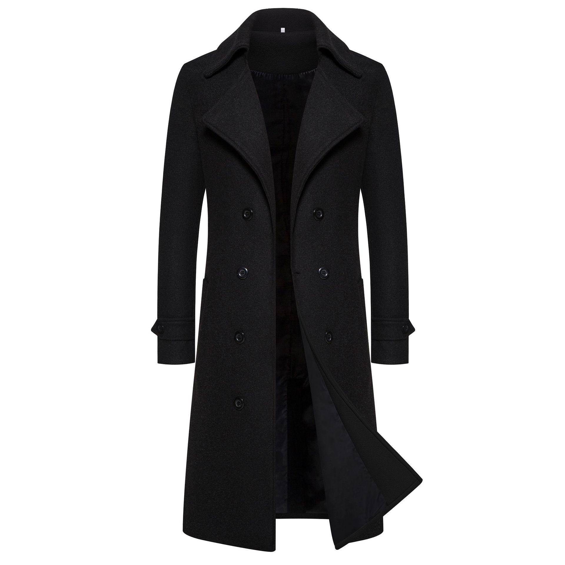 Herren Slim Fit Woll-Trenchcoat, Lang Zweireihig, 2024 Herbst/Winter, Größen M-4XL M schwarz von Joom DACH