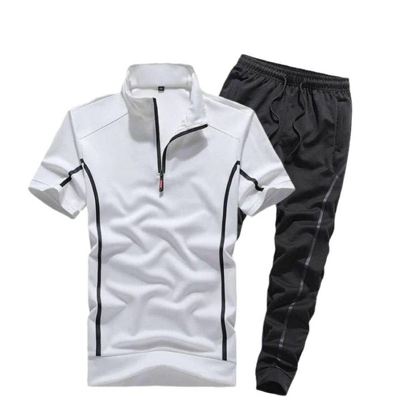 Herren Sommer Atmungsaktiv Leichtes Sport-Set Reißverschluss V-Ausschnitt Kurzarm + Hosen Set M weiß von Joom DACH