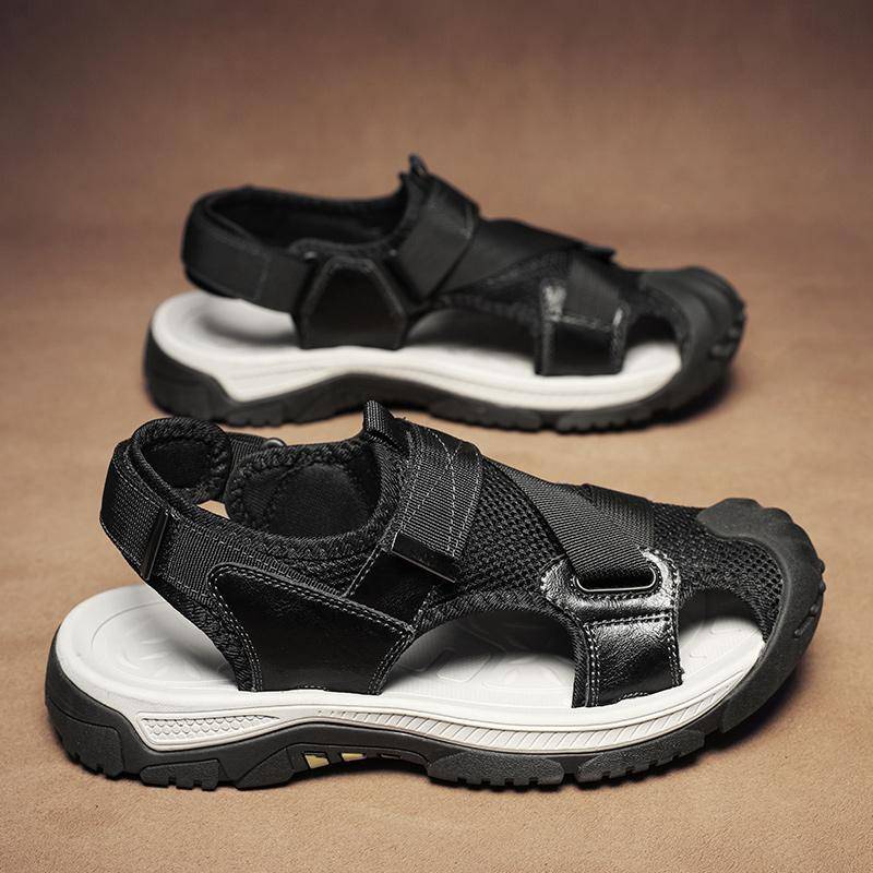 Herren Sommer Atmungsaktiv Neu Hochwertig Echtes Leder Strandschuhe Herren Outdoor Ausgehöhlt Bergsteigen Lässige Sandalen 45 schwarz von Joom DACH