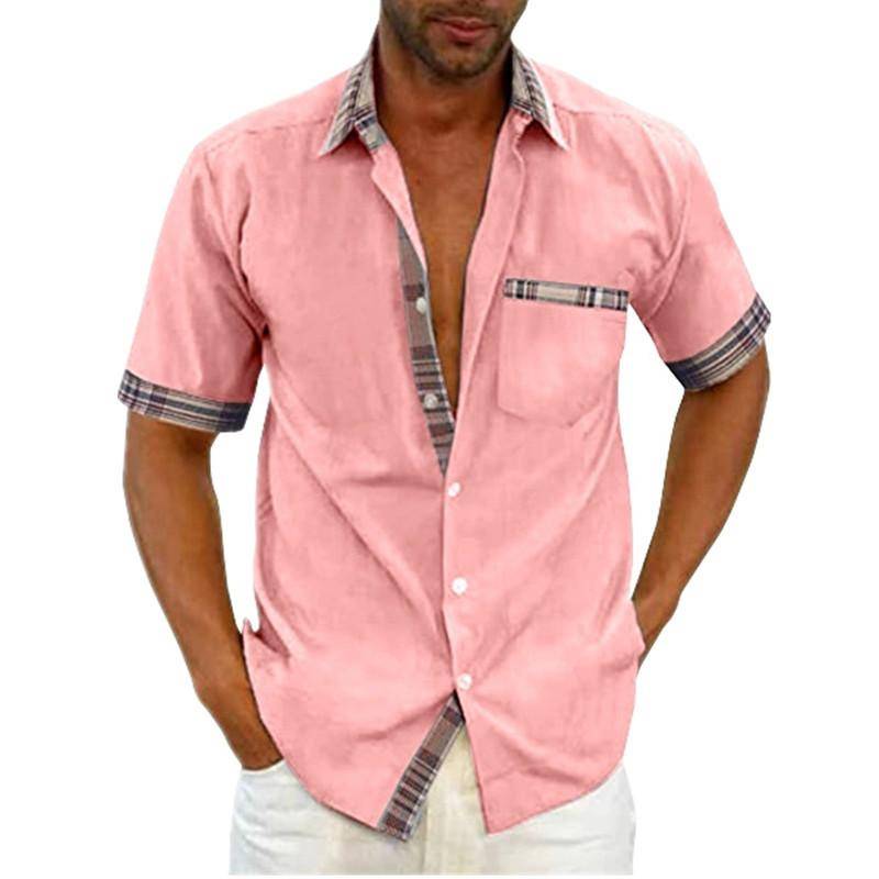 Herren Sommer Bluse Tops Solide Kurzarm Umlegekragen Kontrastfarbe Tasche Hemd Mann Kleidung 5XL rosa von Joom DACH