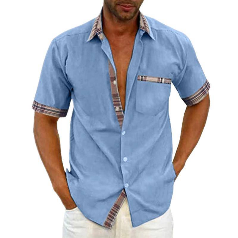 Herren Sommer Bluse Tops Solide Kurzarm Umlegekragen Kontrastfarbe Tasche Hemd Mann Kleidung 5XL blau von Joom DACH