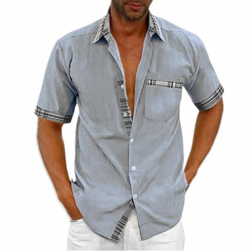 Herren Sommer Bluse Tops Solide Kurzarm Umlegekragen Kontrastfarbe Tasche Hemd Mann Kleidung 5XL grau von Joom DACH