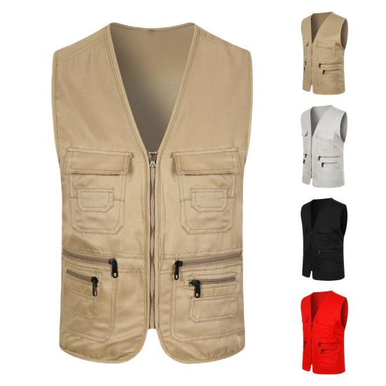 Herren Sommer Cargo Weste V-Ausschnitt Ärmellos Multi Taschen Sport Weste Einfarbig Reißverschlussleiste Volunteer Sicherheitsweste Mantel L khaki von Joom DACH