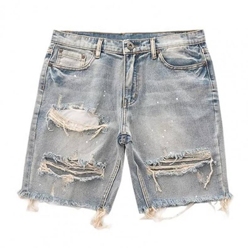 Herren Sommer Distressed Denim Shorts Knopf Reißverschluss Hosenschlitz Mehrere Taschen Kurze Jeans Gerade Passform Zerrissene Löcher Knielang Distressed M blau von Joom DACH