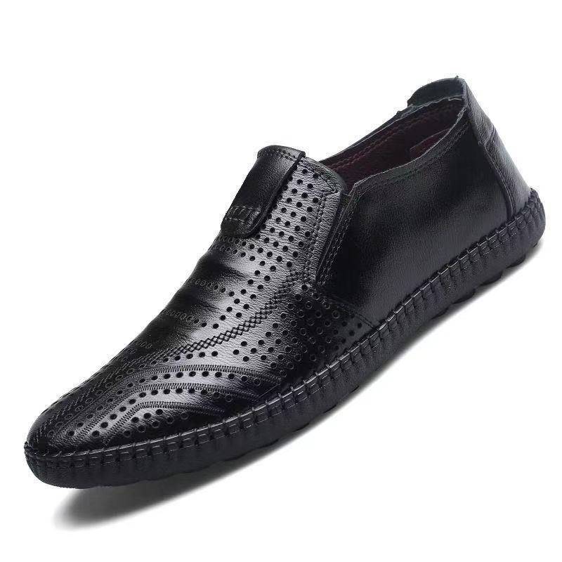 Herren Sommer Lederschuhe Atmungsaktive Hohl PU Schuhe Slip on Weiche Sohle Freizeit Lederschuhe Bequeme Fahrschuhe Freizeit Runde Zehen Verschleißfest 39 schwarz von Joom DACH