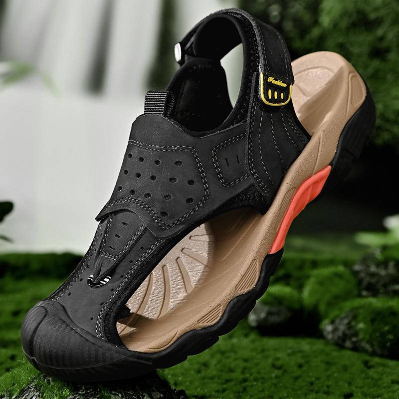 Herren Sommer Sandalen Hohe Qualität Echtes Leder Weiche Sohle Sport Flip Flops Mode Anti-Kollisions Sandalen Hausschuhe 38 schwarz von Joom DACH