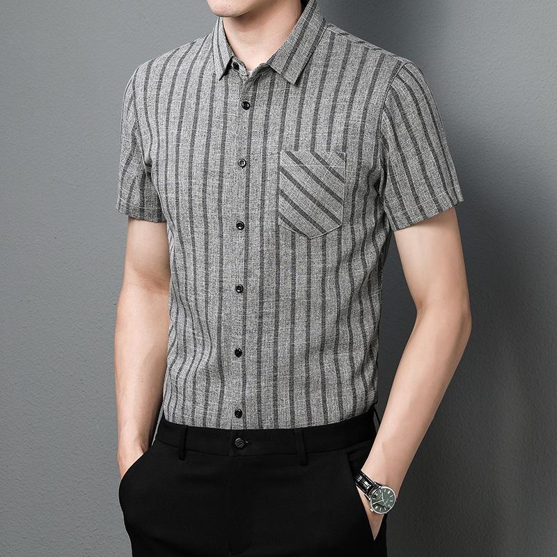 Herren Sommer Streifen Kurzarm Grau Baumwolle Lässig Jugend Gestreift Dünn Normal Sommer Revers Hemd XXXXL von Joom DACH