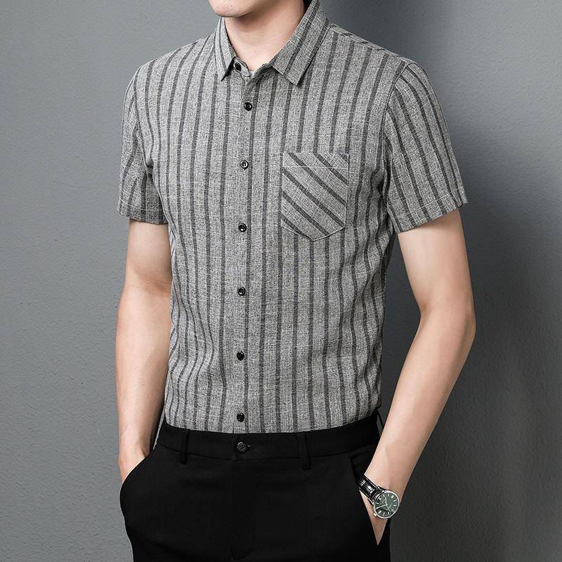 Herren Sommer Streifen Kurzarm Grau Baumwolle Lässig Jugend Gestreift Dünn Normal Sommer Revers Hemd XXXXL von Joom DACH