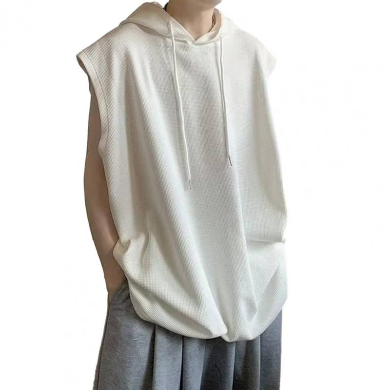 Herren Sommer T-Shirt Weste Locker Einfarbig Kapuze Kordelzug Pullover Mittellang Lässig Ärmellos Atmungsaktiv Herren Tanktop XXXL weiß von Joom DACH
