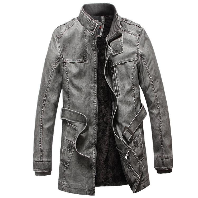 Herren Stehkragen Aus Alten Retro Lederjacke Lederjacke Samt Mittellanger und Langer Mantel Schlankes PU-Leder 4XL von Joom DACH