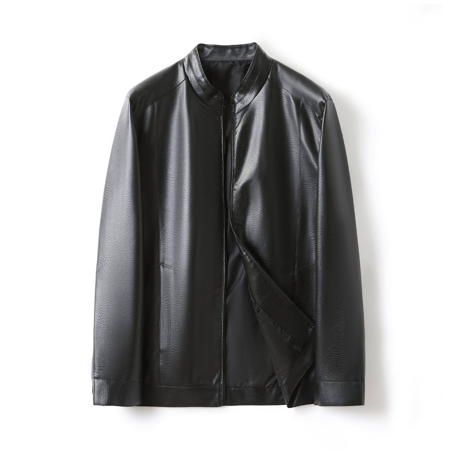 Herren Stehkragen Leder Slim-Fit Herbst und Winter Neue Haining Lederjacke Herren mittleren Alters Plus Fleece Dicker Mantel 4XL von Joom DACH