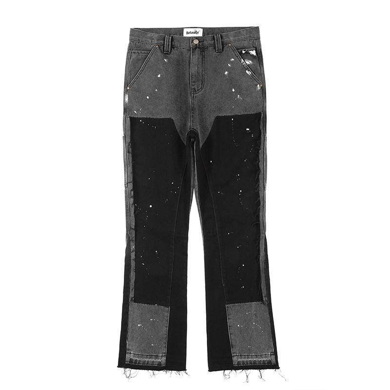 Herren Street Jeans Trend Kleidung Spot Ink Color Baggy Jeans Patchwork Fransen Jeans Loose Horn L schwarz von Joom DACH