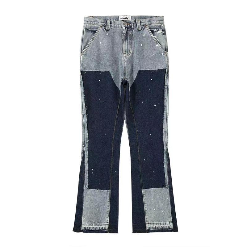 Herren Street Jeans Trend Kleidung Spot Ink Color Baggy Jeans Patchwork Fransen Jeans Loose Horn XL blau von Joom DACH