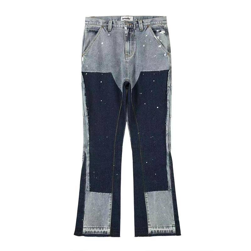 Herren Street Jeans Trend Kleidung Spot Ink Color Baggy Jeans Patchwork Fransen Jeans Loose Horn XL blau von Joom DACH