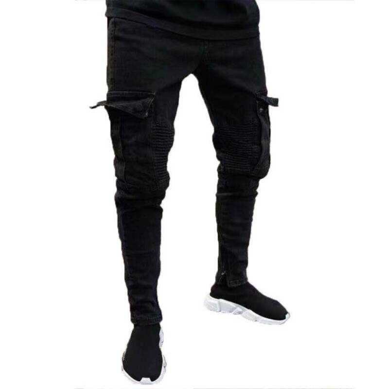Herren Stretch Skinny Jeans Slim Fit Cargo Denim Hose Schwarze lange Hose L schwarz von Joom DACH