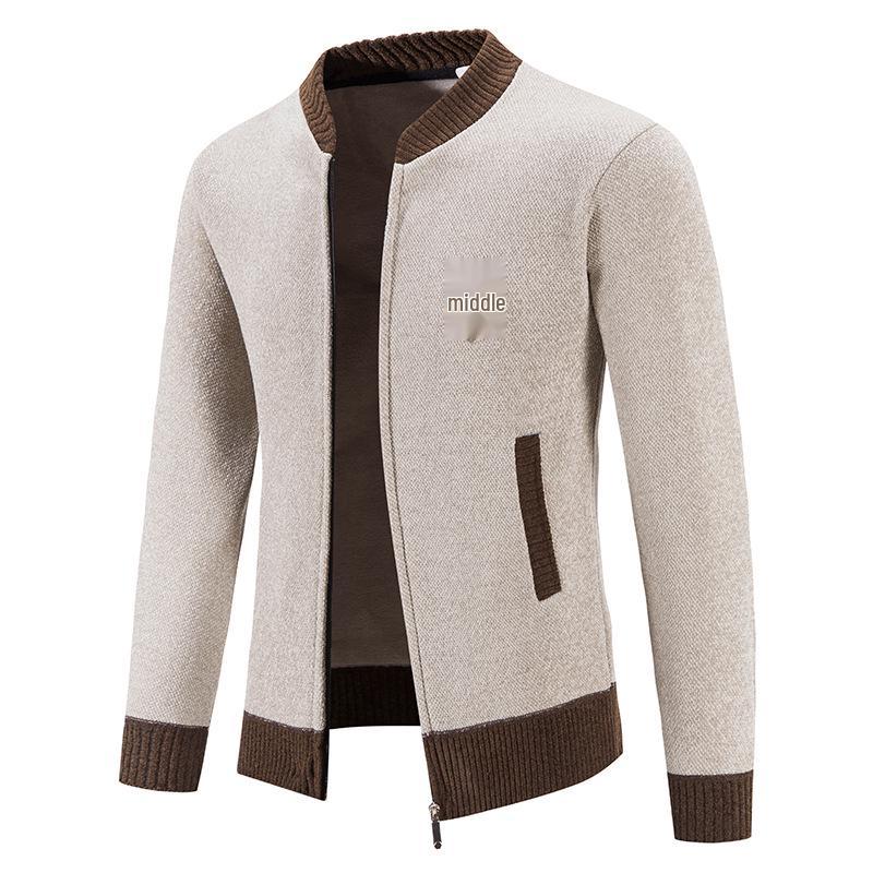 Herren Strick-Cardigan mit Baseballkragen: Dicker Samt, Langärmelig, Bestickte Winterpulloverjacke. 3XL beige von Joom DACH