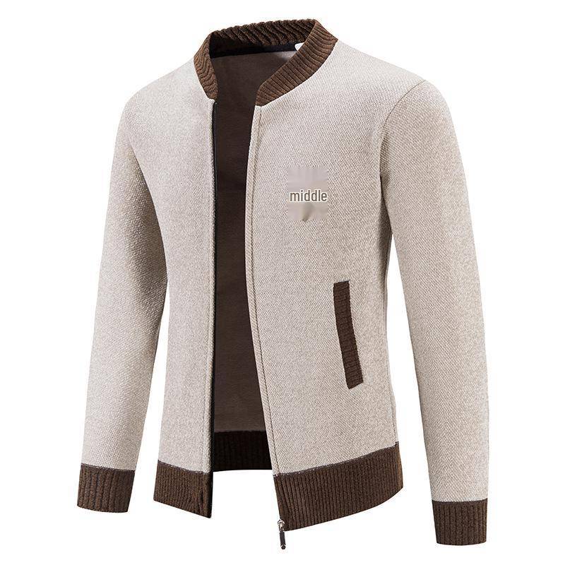 Herren Strick-Cardigan mit Baseballkragen: Dicker Samt, Langärmelig, Bestickte Winterpulloverjacke. 3XL beige von Joom DACH