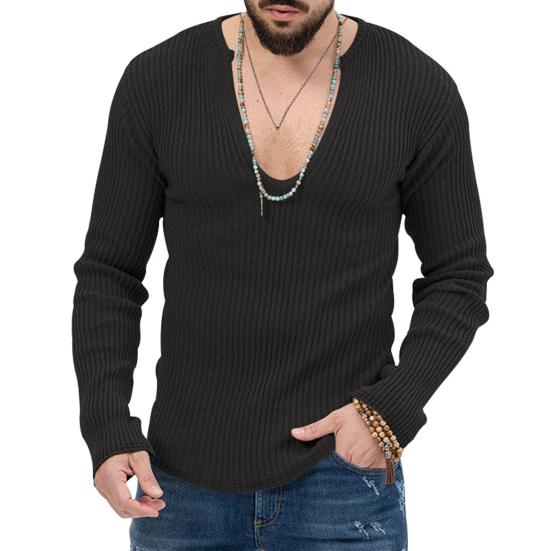 Herren-Strickpullover, tiefer V-Ausschnitt, gerippt, lange Ärmel, einfarbig, schmale Passform, weich, warm, Herbst-Winter, lässiger männlicher Pullover, Top, Sweatshirt, Strickwaren L schwarz Herren-Strickpullover, tiefer V-Ausschnitt, gerippt, lange Ärmel, einfarbig, schmale Passform, weich, warm, Herbst-Winter, lässiger männlicher Pullover, Top, Sweatshirt, Strickwaren L schwarz von Joom DACH