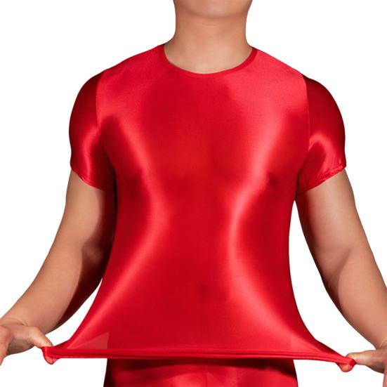 Herren T-Shirt Dünn Hohe Elastizität Rundhals Kurze Ärmel Slim Fit Gute Atmungsaktivität Durchsichtiges Oberteil mit glänzender Oberfläche rot von Joom DACH