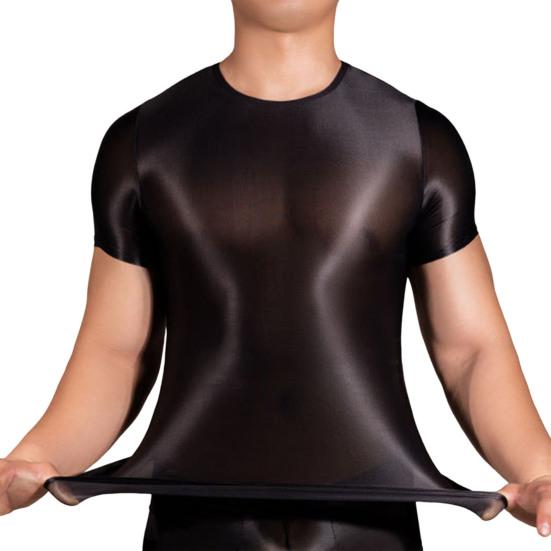 Herren T-Shirt Dünn Hohe Elastizität Rundhals Kurze Ärmel Slim Fit Gute Atmungsaktivität Durchsichtiges Oberteil mit glänzender Oberfläche schwarz von Joom DACH