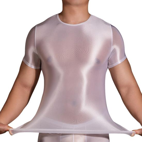 Herren T-Shirt Dünn Hohe Elastizität Rundhals Kurze Ärmel Slim Fit Gute Atmungsaktivität Durchsichtiges Oberteil mit glänzender Oberfläche weiß von Joom DACH