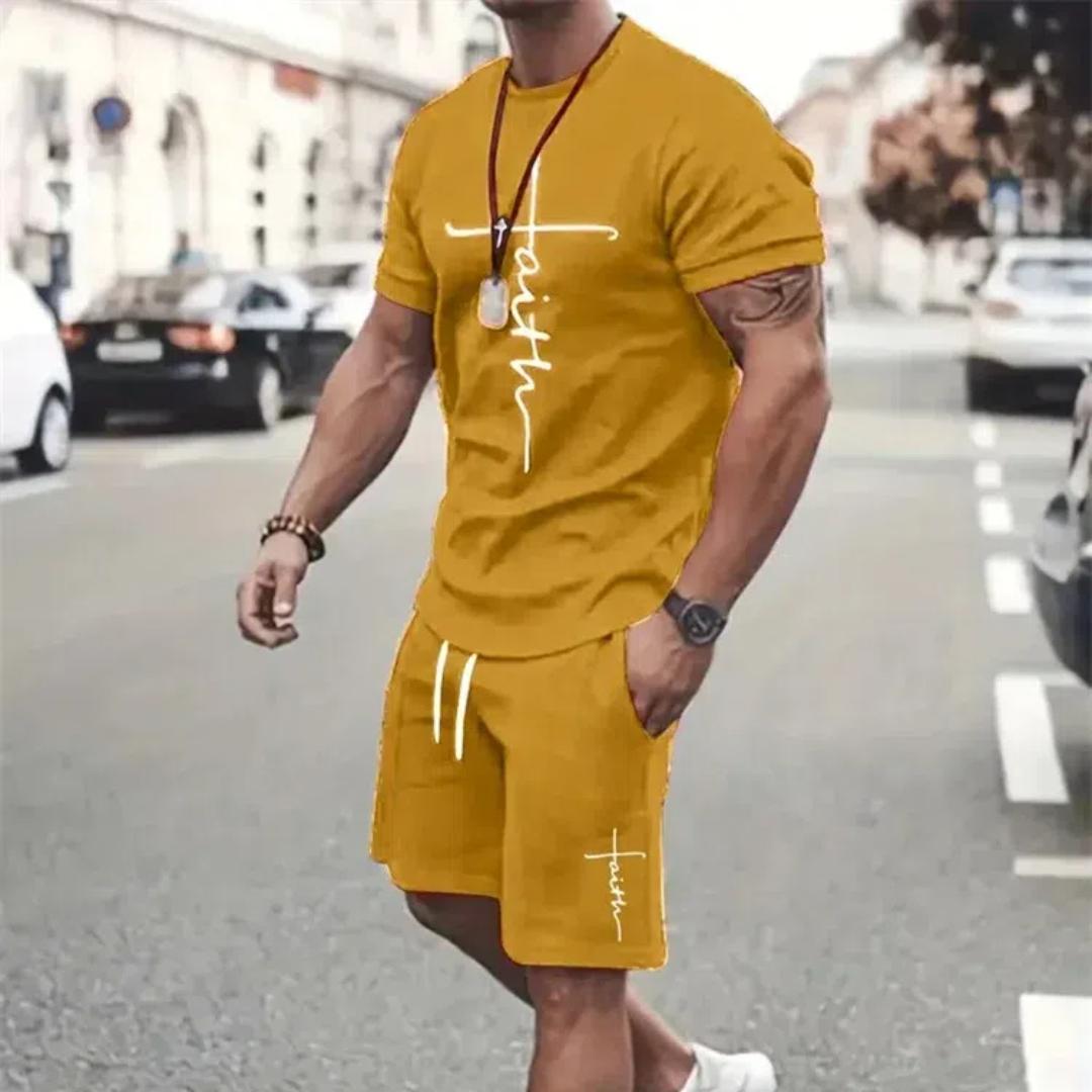 Herren T-Shirt Shorts Set Mode Herren Kreuz Bedruckt Kurzarm Zweiteilig Übergroßer Outdoor Strandsport Herrenanzug Übergröße 2XL von Joom DACH