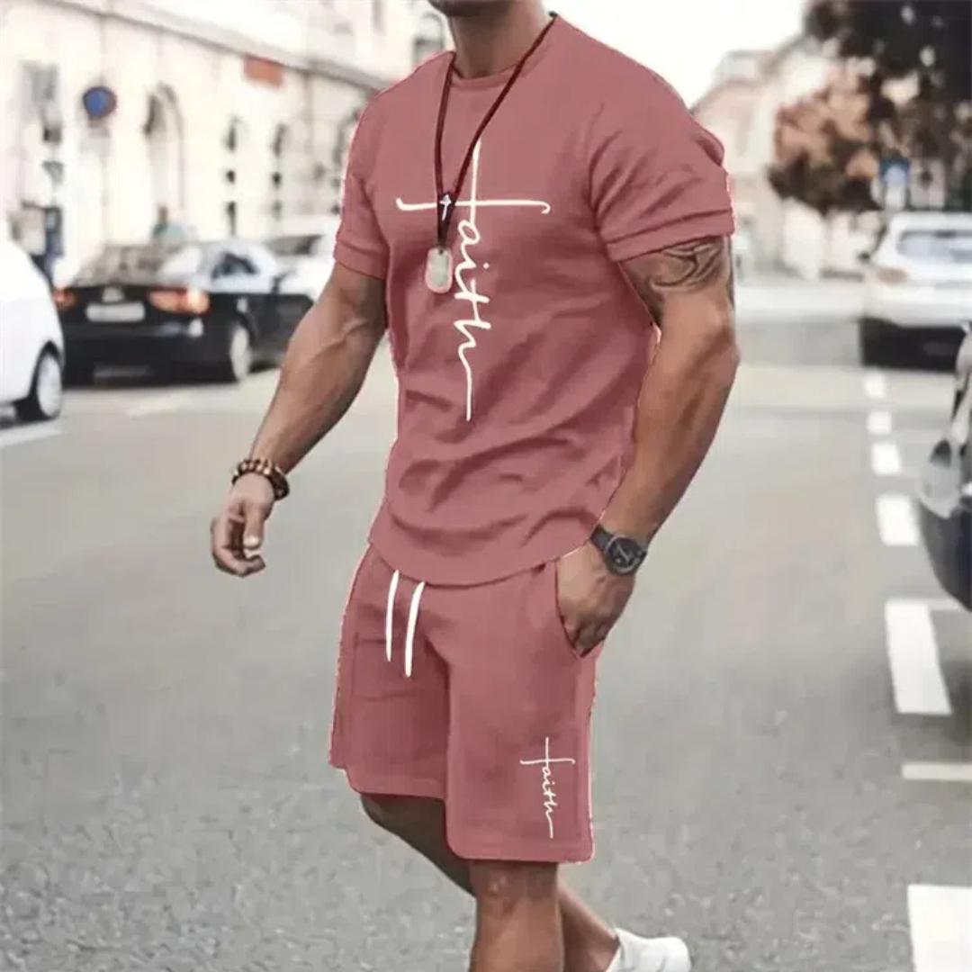 Herren T-Shirt Shorts Set Mode Herren Kreuz Bedruckt Kurzarm Zweiteilig Übergroßer Outdoor Strandsport Herrenanzug Übergröße 2XL von Joom DACH