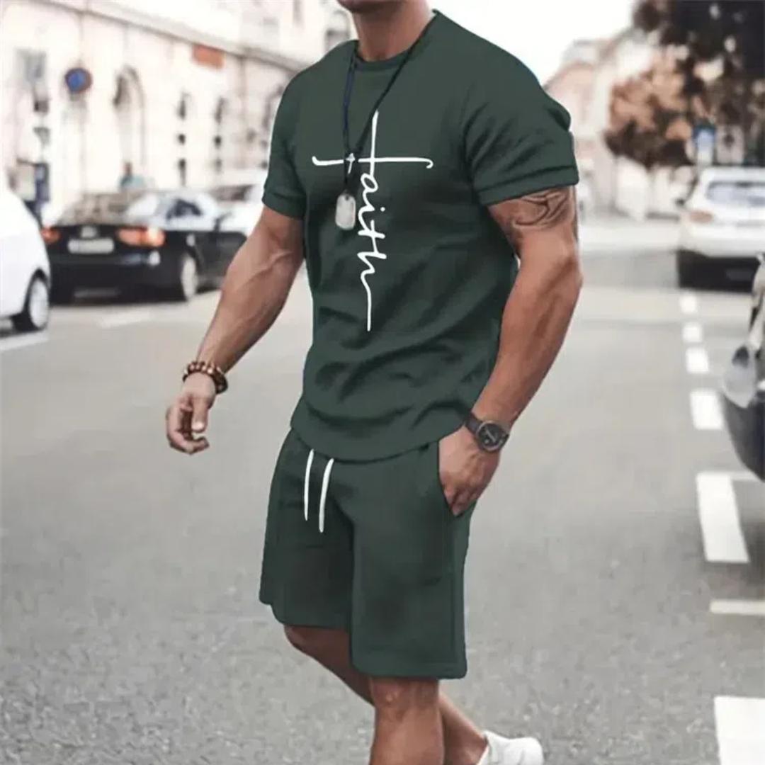 Herren T-Shirt Shorts Set Mode Herren Kreuz Bedruckt Kurzarm Zweiteilig Übergroßer Outdoor Strandsport Herrenanzug Übergröße 2XL von Joom DACH