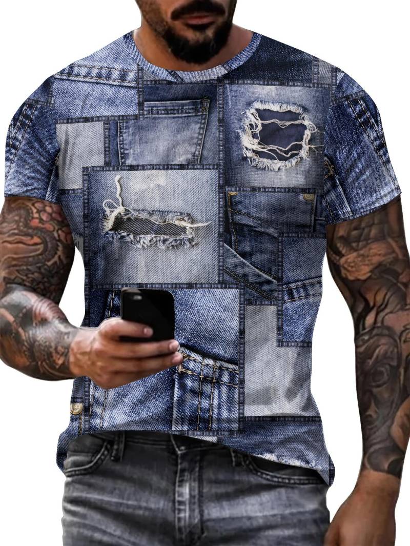 Herren T-Shirt mit 3D-Digital-Patchwork-Grafikdruck, kurzärmelig, bequem, lässig, elastisch, Rundhalsausschnitt, Oberteil für Outdoor-Aktivitäten 3XL Herren T-Shirt mit 3D-Digital-Patchwork-Grafikdruck, kurzärmelig, bequem, lässig, elastisch, Rundhalsausschnitt, Oberteil für Outdoor-Aktivitäten 3XL von Joom DACH