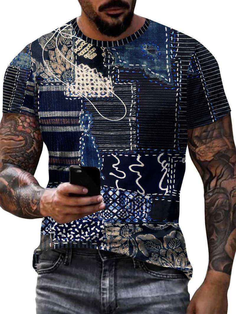 Herren T-Shirt mit 3D-Digital-Patchwork-Grafikdruck, kurzärmelig, bequem, lässig, elastisch, Rundhalsausschnitt, Oberteil für Outdoor-Aktivitäten 5XL von Joom DACH