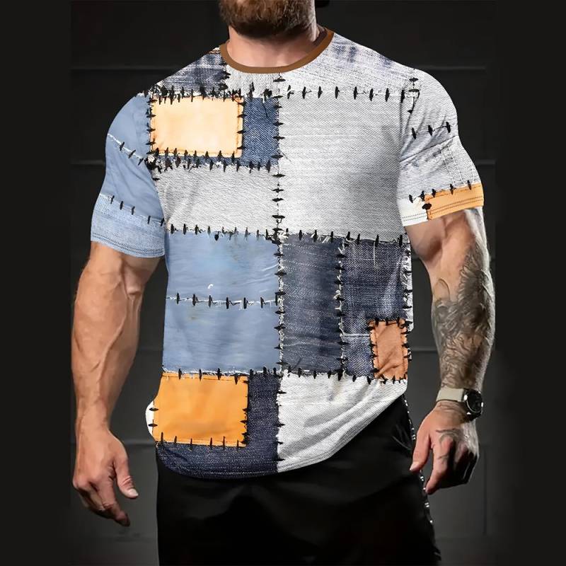 Herren T-Shirt mit 3D-Digital-Patchwork-Grafikdruck, kurzärmelig, bequem, lässig, elastisch, Rundhalsausschnitt, Oberteil für Outdoor-Aktivitäten 6XL Herren T-Shirt mit 3D-Digital-Patchwork-Grafikdruck, kurzärmelig, bequem, lässig, elastisch, Rundhalsausschnitt, Oberteil für Outdoor-Aktivitäten 6XL von Joom DACH