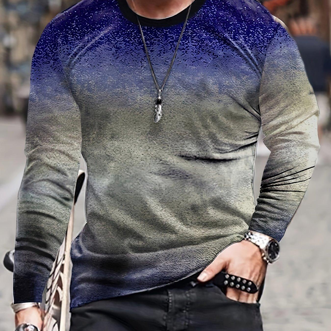 Herren T-Shirt mit 3D-Druck und Farbverlauf, langärmelig, Frühlings- und Herbstmode, lässig, Retro-Stil, übergroße T-Shirts mit Rundhalsausschnitt 6XL von Joom DACH