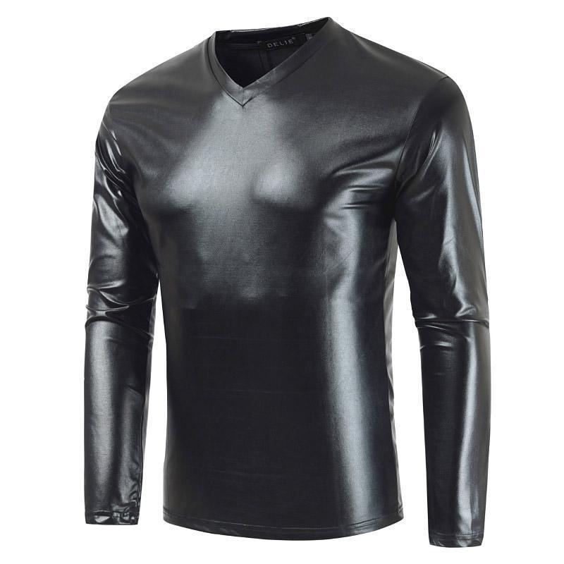 Herren T-Shirt mit V-Ausschnitt, glänzend, langärmlig, einfarbig 3XL schwarz von Joom DACH