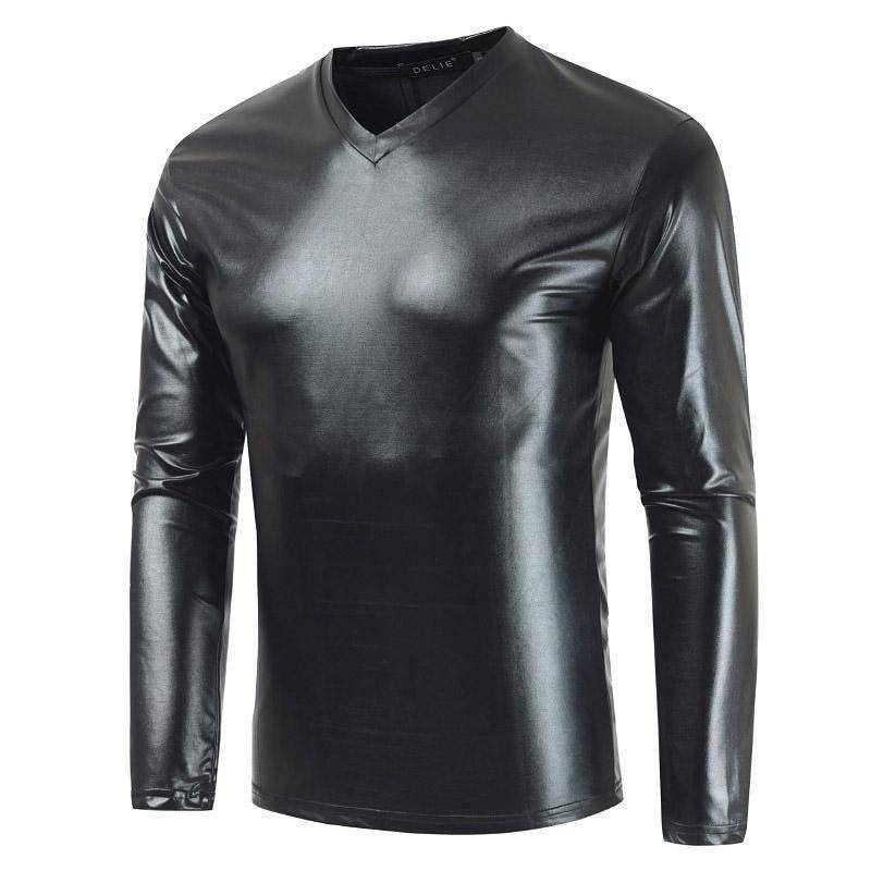 Herren T-Shirt mit V-Ausschnitt, glänzend, langärmlig, einfarbig 3XL schwarz von Joom DACH