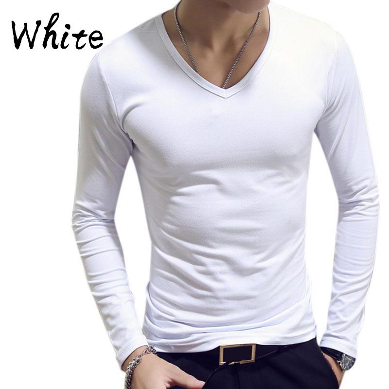 Herren T-Shirt mit V-Ausschnitt, langärmelig, Slim Fit, für Fitnessstudio und Sport, Tops, solides Basic-T-Shirt 2XL weiß von Joom DACH