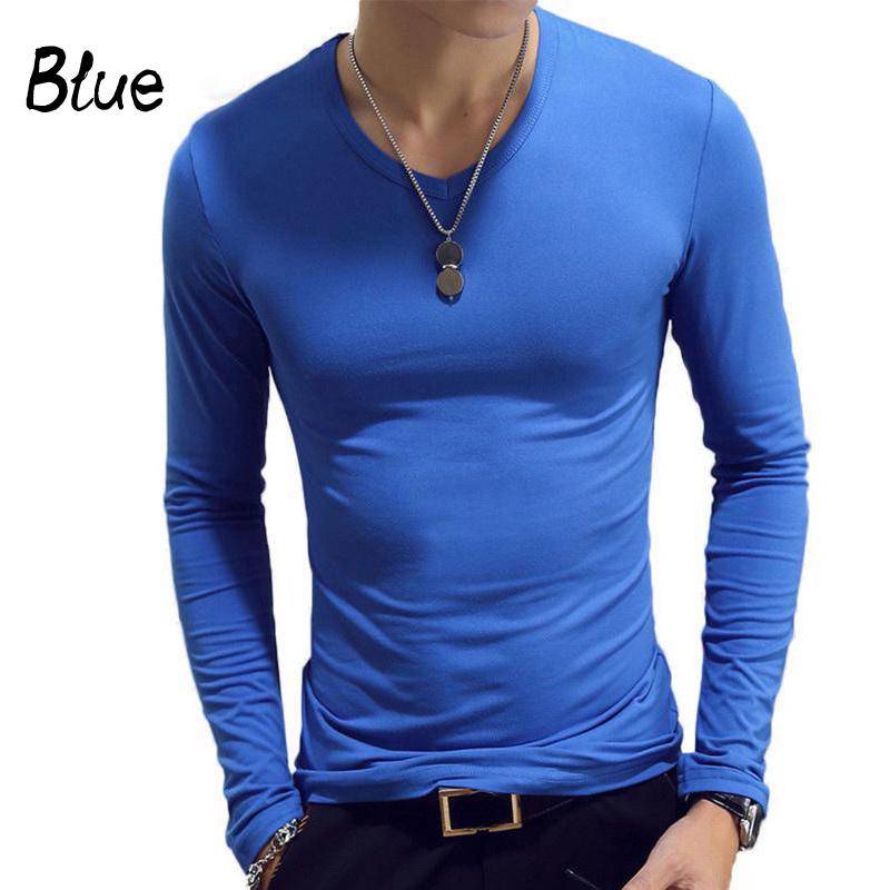 Herren T-Shirt mit V-Ausschnitt, langärmelig, Slim Fit, für Fitnessstudio und Sport, Tops, solides Basic-T-Shirt XL blau von Joom DACH