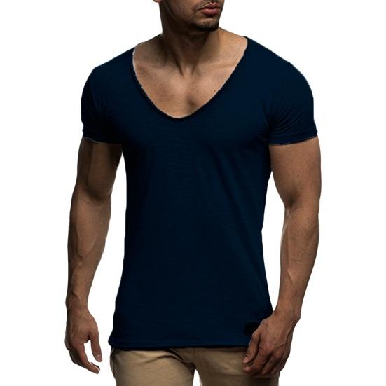 Herren-T-Shirt mit kurzen Ärmeln, V-Ausschnitt, einfarbig, weich, schmale Passform, mittellang, elastisch, lässig 2XL navy blau von Joom DACH
